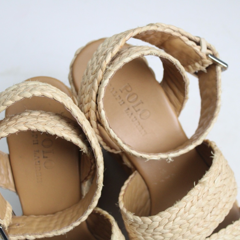 POLO Ralph Lauren Tan Woven Raffia Wicker Wedge Sandal Heels Spain Size 39.5 / 9 - Picture 6 of 8